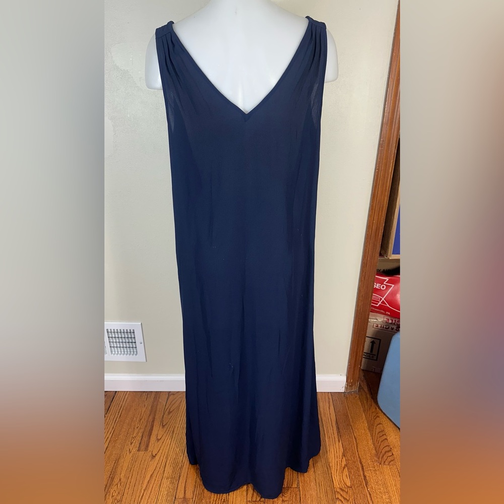 J Crew M Crepe Slip Dress Double V Neck Back Maxi Long Tank Boho Navy Blue A7837 - Picture 3 of 9